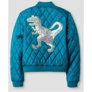 Girls Sequin T-Rex Teal Jacket.